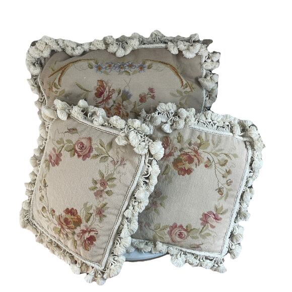 Qty. 3 Petit Point Needlepoint Wool Pillows 20” Sq & 12x14 French Abusson Style - Picture 8 of 16